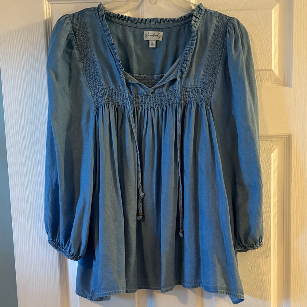 Wonderly Chambray Blue Smocked Blouse